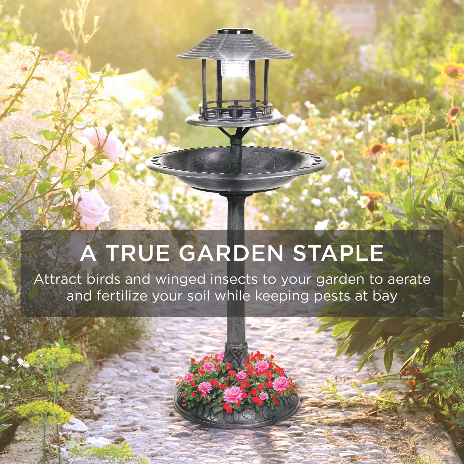 Best Choice Products Solar Lighted Outdoor Pedestal Bird Bath W/ Planter, Decorative Bird Cage - Image 6