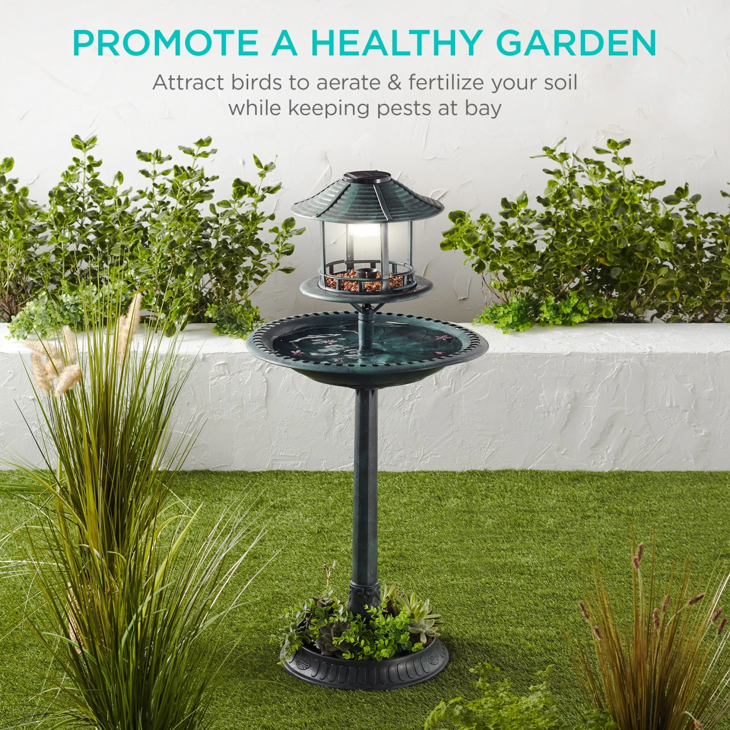 Best Choice Products Solar Lighted Outdoor Pedestal Bird Bath W/ Planter, Decorative Bird Cage - Image 20