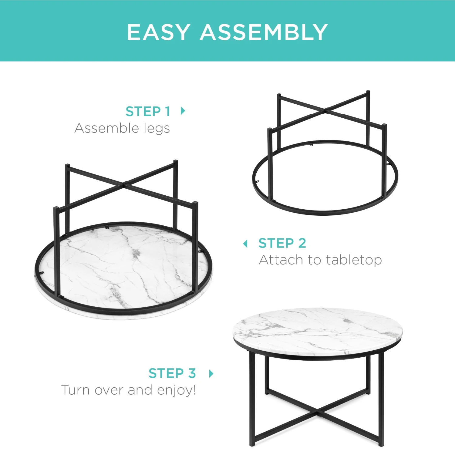 Best Choice Products Round Coffee Table W/ Faux Marble Top, Metal Frame - 36in - Image 13