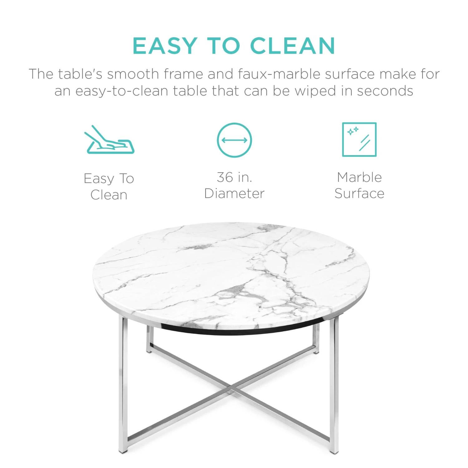 Best Choice Products Round Coffee Table W/ Faux Marble Top, Metal Frame - 36in - Image 4