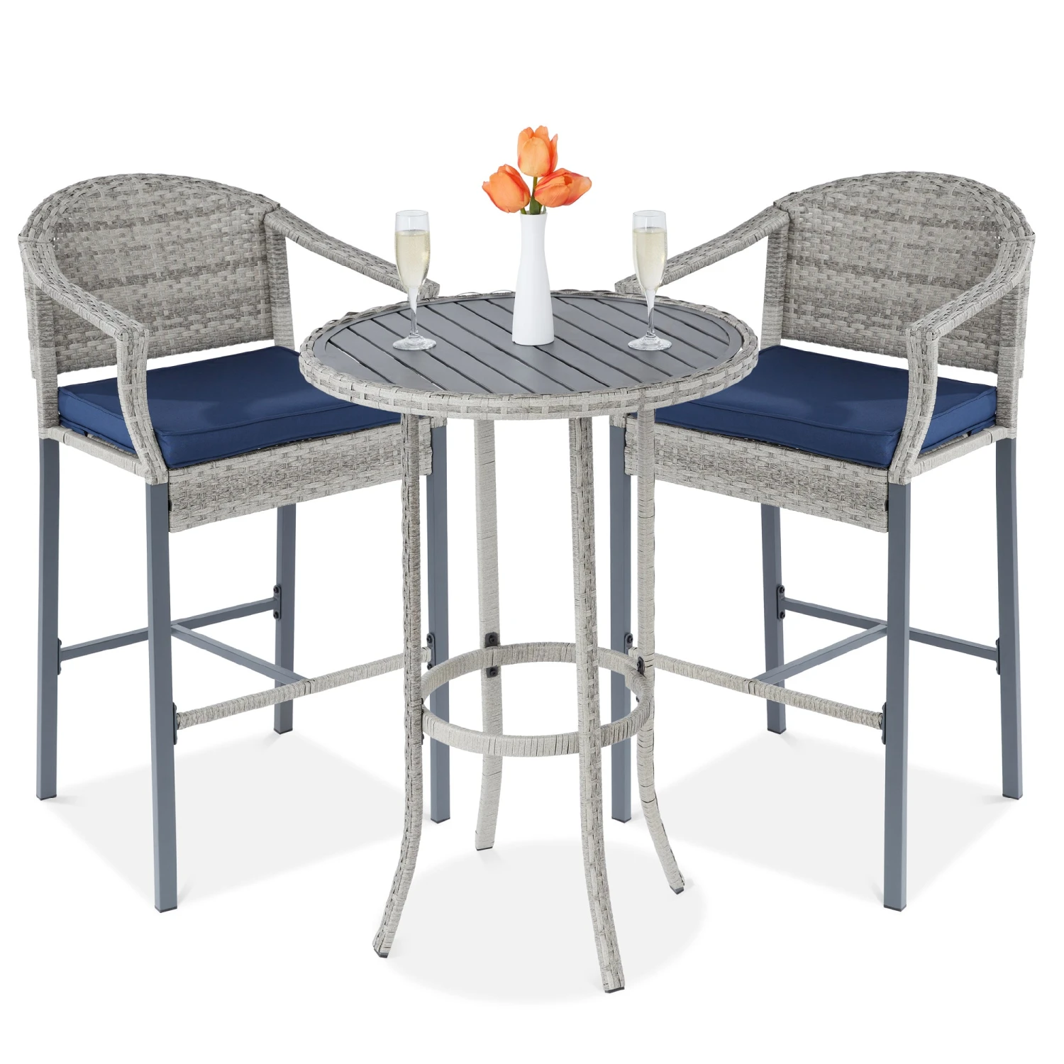 Best Choice Products 3-Piece Outdoor Bistro Wicker Table Bar Set W/ Bar Stools, Footrests