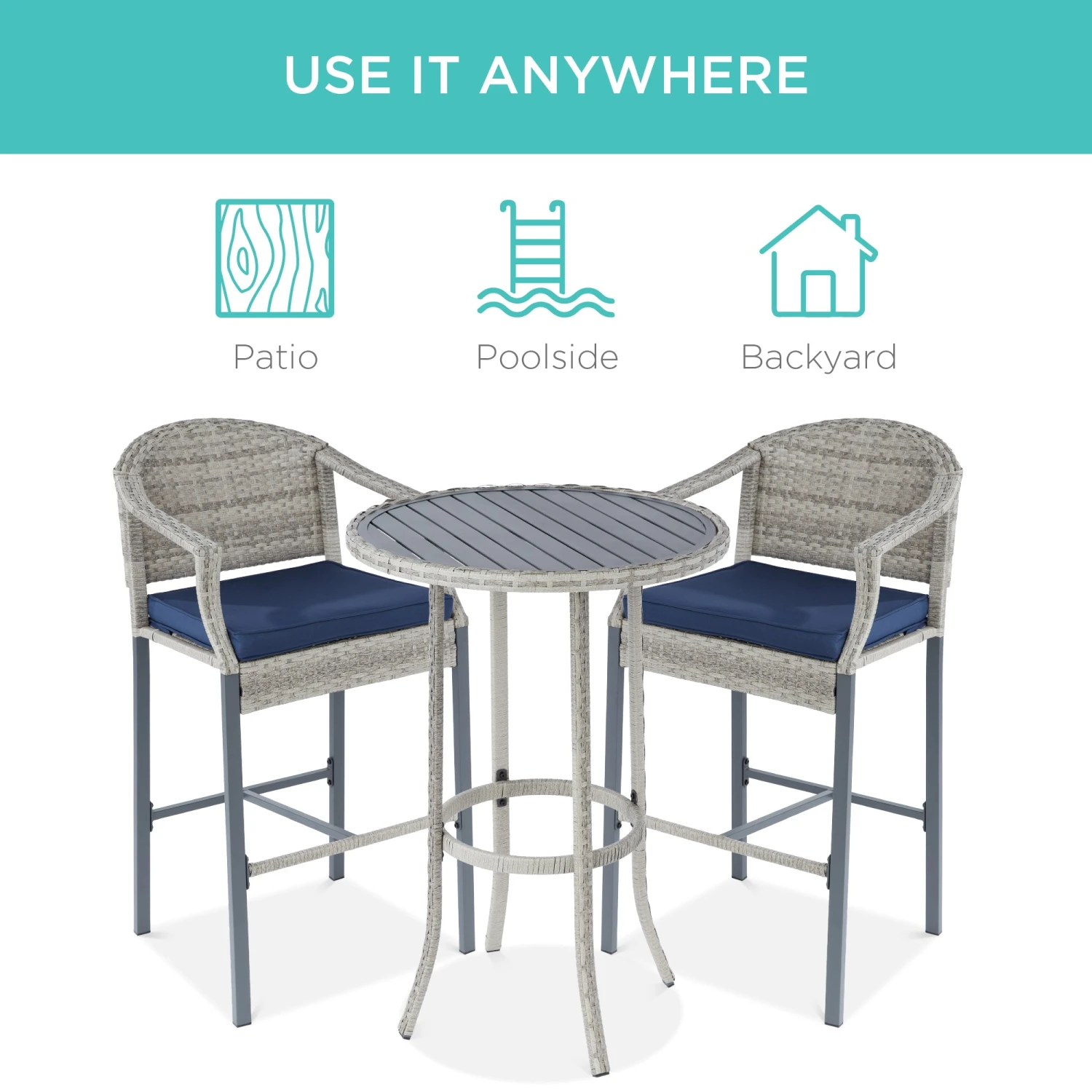 Best Choice Products 3-Piece Outdoor Bistro Wicker Table Bar Set W/ Bar Stools, Footrests - Image 5