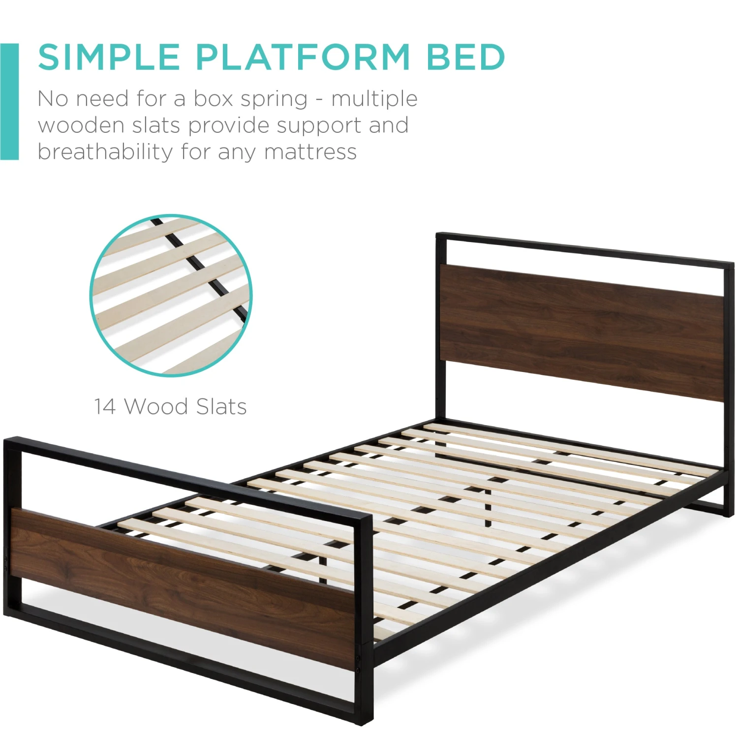 Best Choice Products Metal Wood Platform Queen Bed Frame W/ Wooden Slats - Image 3