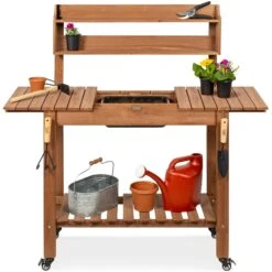 Best Choice Products Wood Garden Potting Bench W/ Sliding Tabletop, Food Grade Dry Sink, Wheels