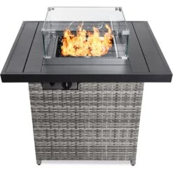 Best Choice Products 32in Fire Pit Table 50,000 BTU Wicker Propane W/ Wind Guard, Cover