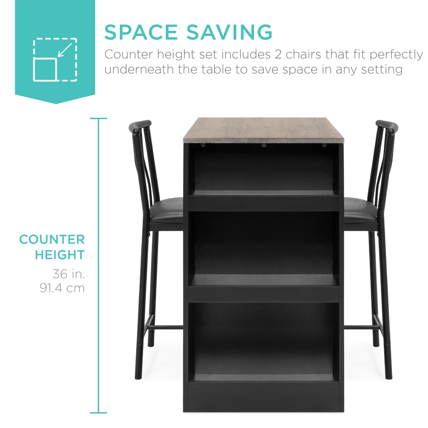Best Choice Products 3-Piece Counter Height Kitchen Dining Table Set W/ Storage Shelves - Image 10