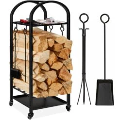 Best Choice Products 3-Tier Wrought Iron Firewood Log Rack W/ 4-Piece Tool Set, Wheels - 4ft
