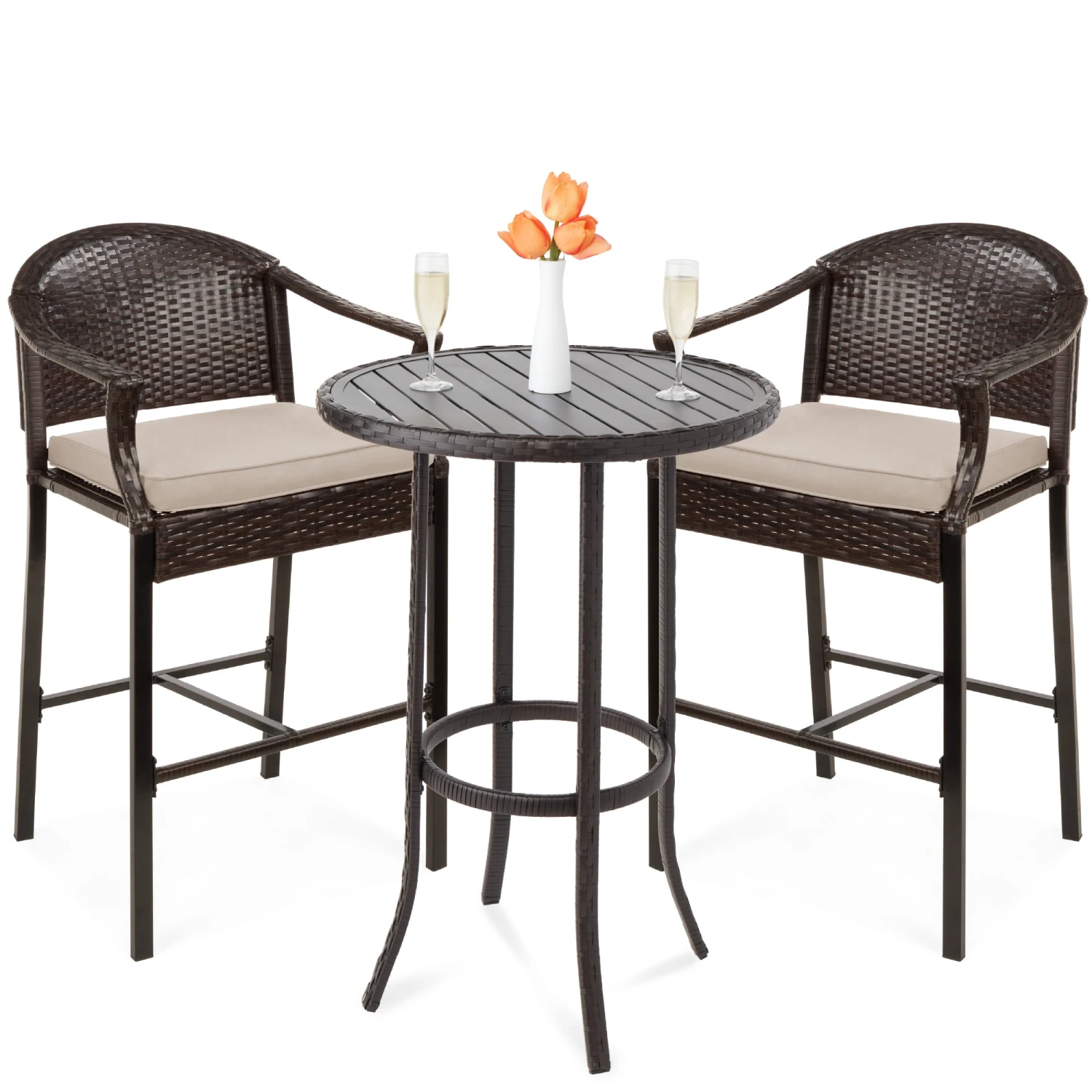 Best Choice Products 3-Piece Outdoor Bistro Wicker Table Bar Set W/ Bar Stools, Footrests - Image 8