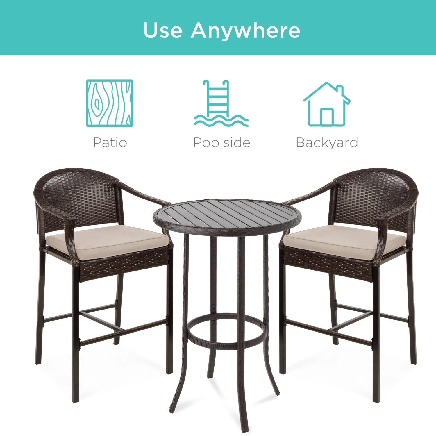 Best Choice Products 3-Piece Outdoor Bistro Wicker Table Bar Set W/ Bar Stools, Footrests - Image 12