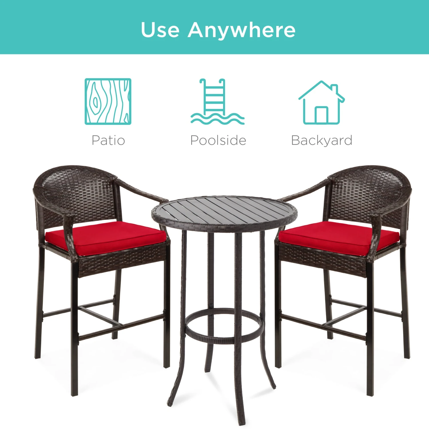 Best Choice Products 3-Piece Outdoor Bistro Wicker Table Bar Set W/ Bar Stools, Footrests - Image 19