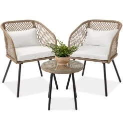 Best Choice Products 3-Piece Outdoor Diamond Weave Wicker Bistro Set W/ Tempered Glass Side Table