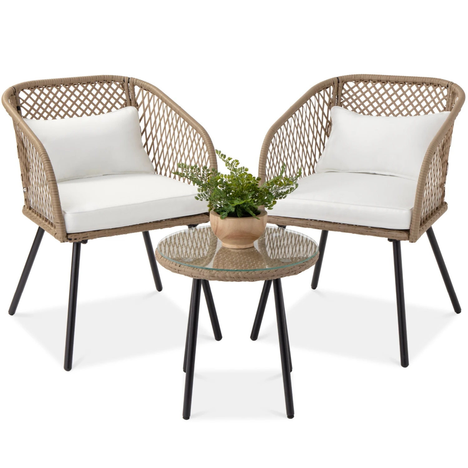 Best Choice Products 3-Piece Outdoor Diamond Weave Wicker Bistro Set W/ Tempered Glass Side Table