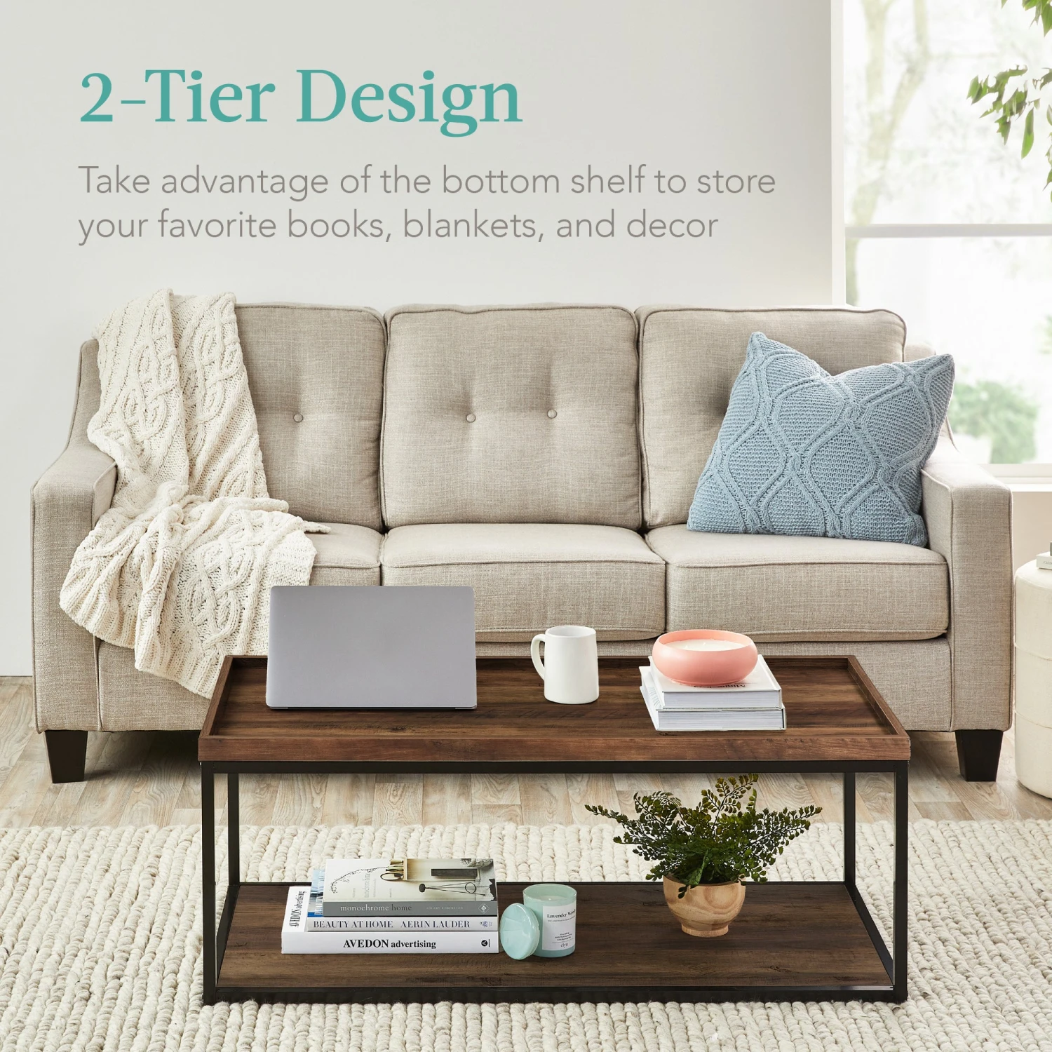 Best Choice Products 2-Tier Rectangular Tray Top Coffee Table W/ Metal Frame, Shelf - 44in - Image 3