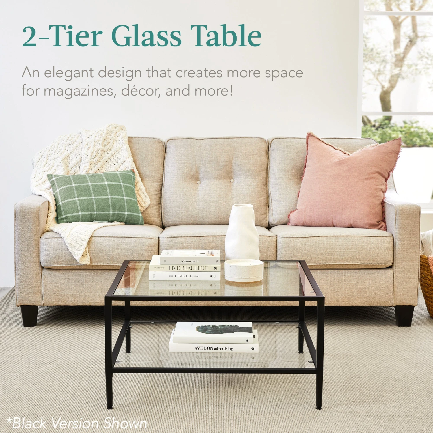 Best Choice Products 2-Tier Large Square Coffee Table Living Room Accent W/ Glass Top - 32" - Image 2
