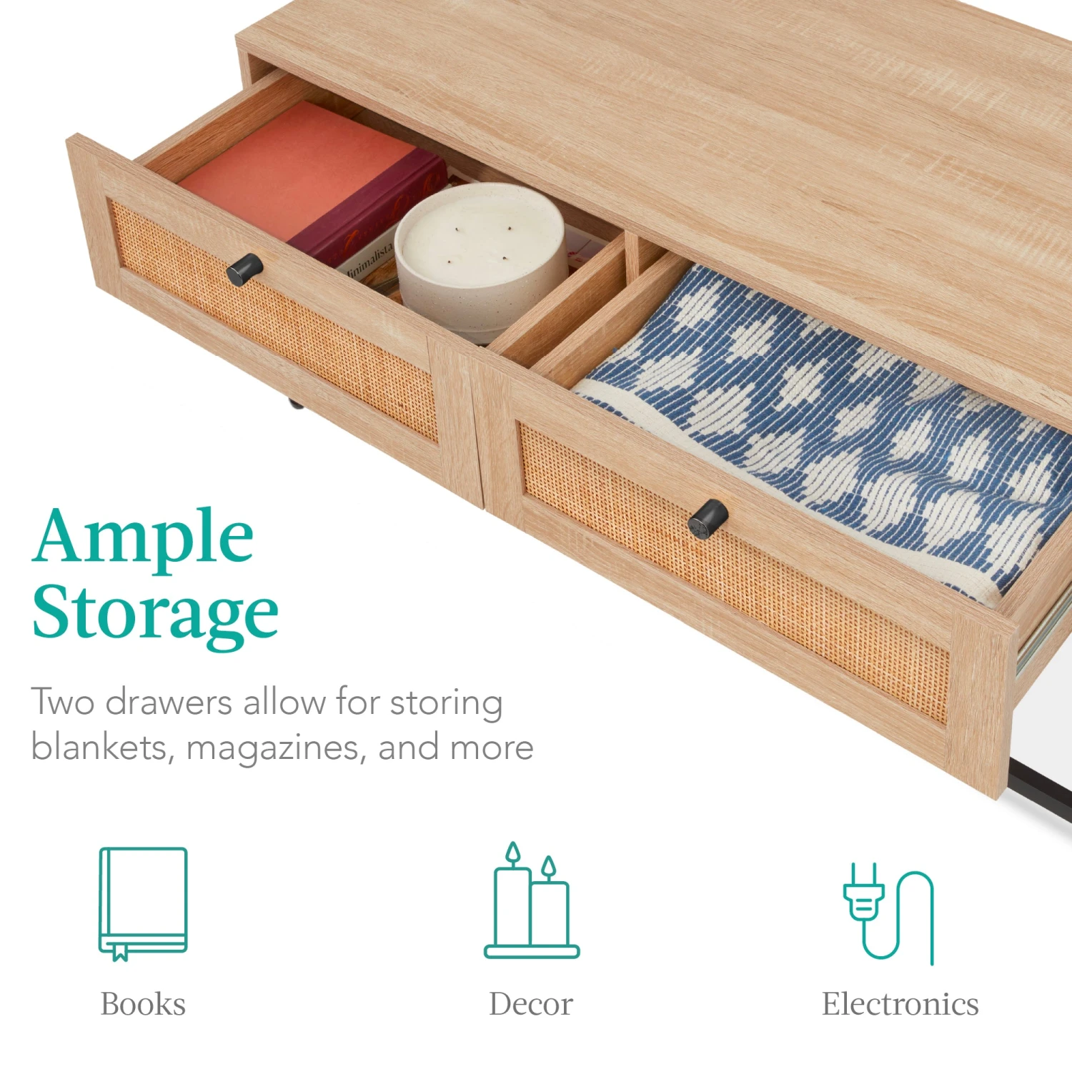 Best Choice Products 2-Drawer Rattan Coffee Table W/ Oak Wood Grain Finish, Metal Frame - 39in - Image 2