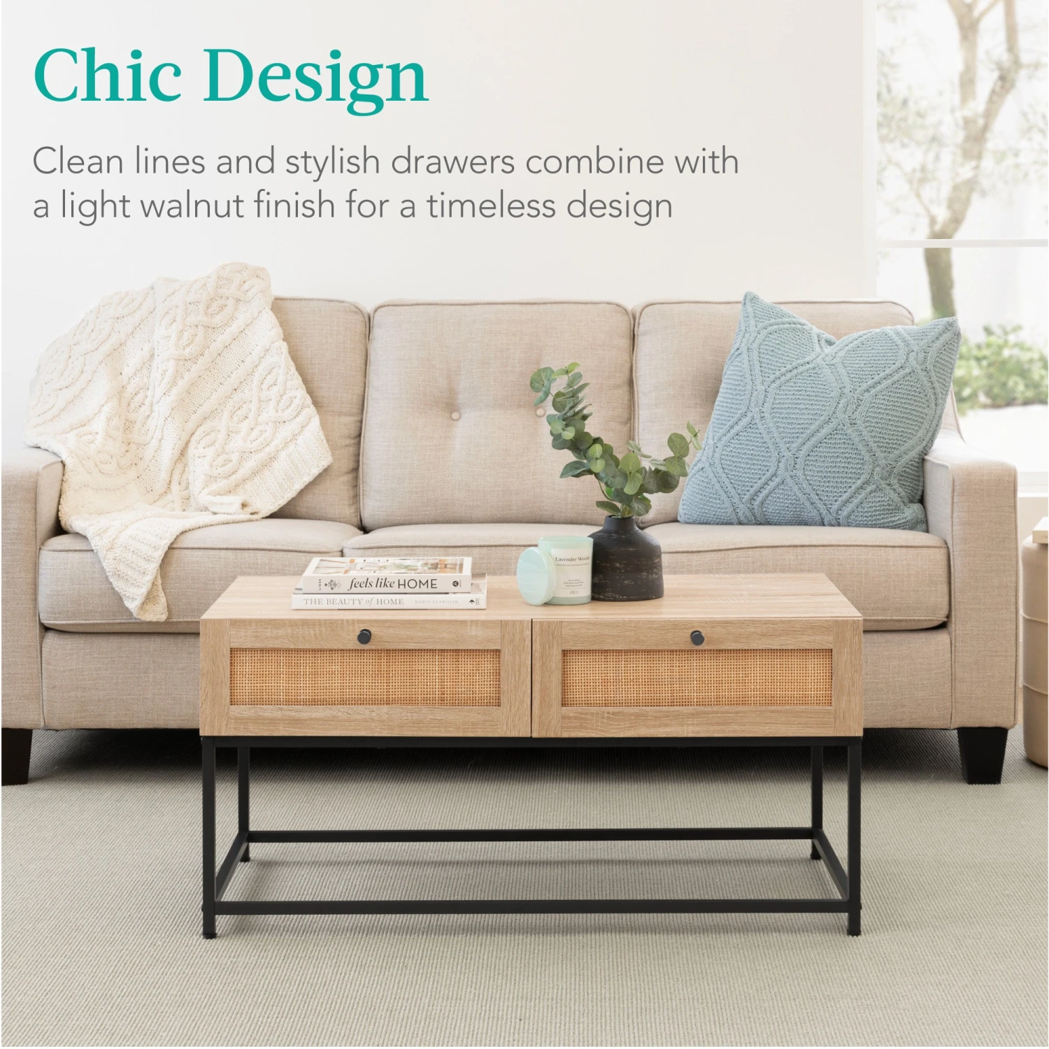 Best Choice Products 2-Drawer Rattan Coffee Table W/ Oak Wood Grain Finish, Metal Frame - 39in - Image 5