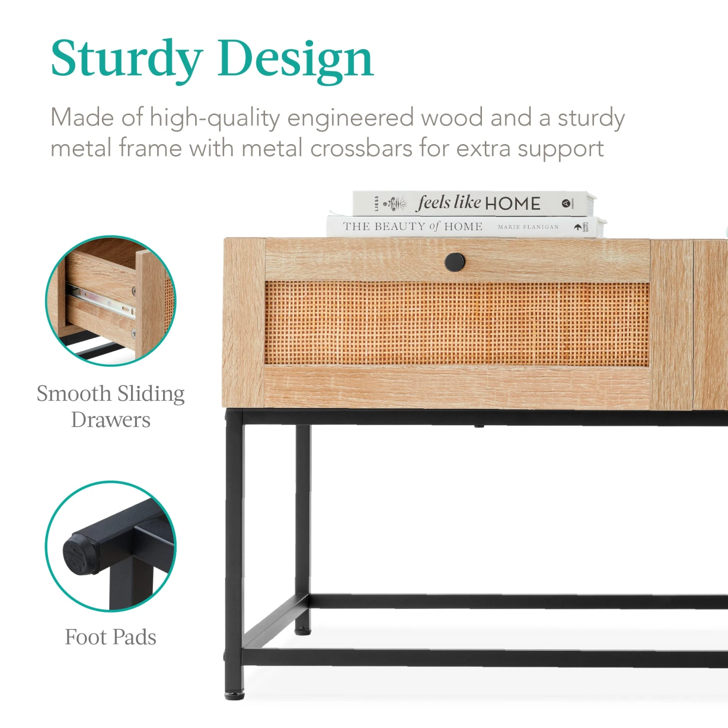 Best Choice Products 2-Drawer Rattan Coffee Table W/ Oak Wood Grain Finish, Metal Frame - 39in - Image 6