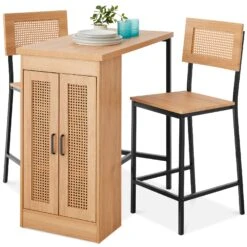 Best Choice Products 3-Piece Counter Height Rattan Kitchen Dining Table Set W/ Storage Shelves
