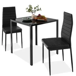 Best Choice Products 3-Piece Dining Table Set W/ Glass Top, Leather Chairs