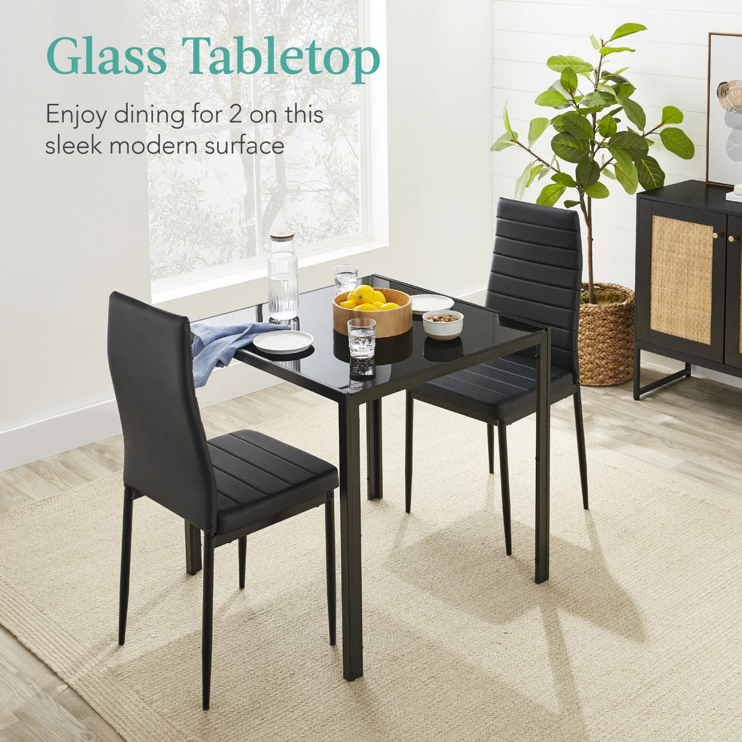 Best Choice Products 3-Piece Dining Table Set W/ Glass Top, Leather Chairs - Image 2